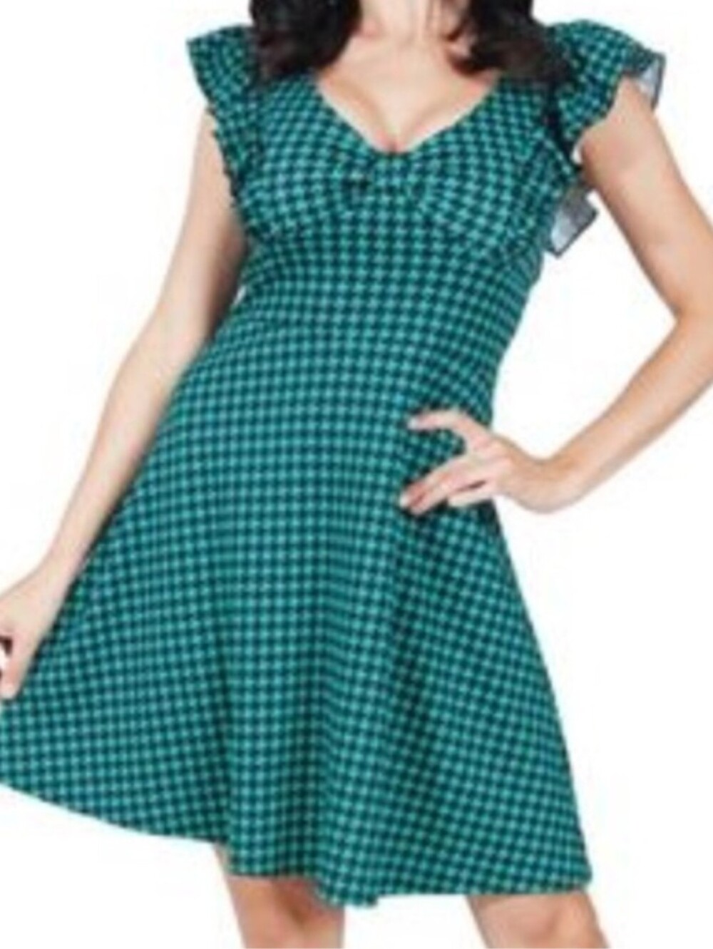 RockSteady Teal and Black Houndstooth Ruffle V-Neck Mini Dress
